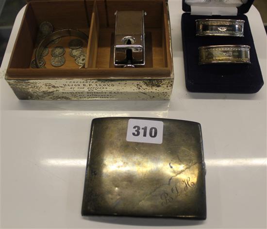 Silver cigar cutter, boxed napkin rings, etc